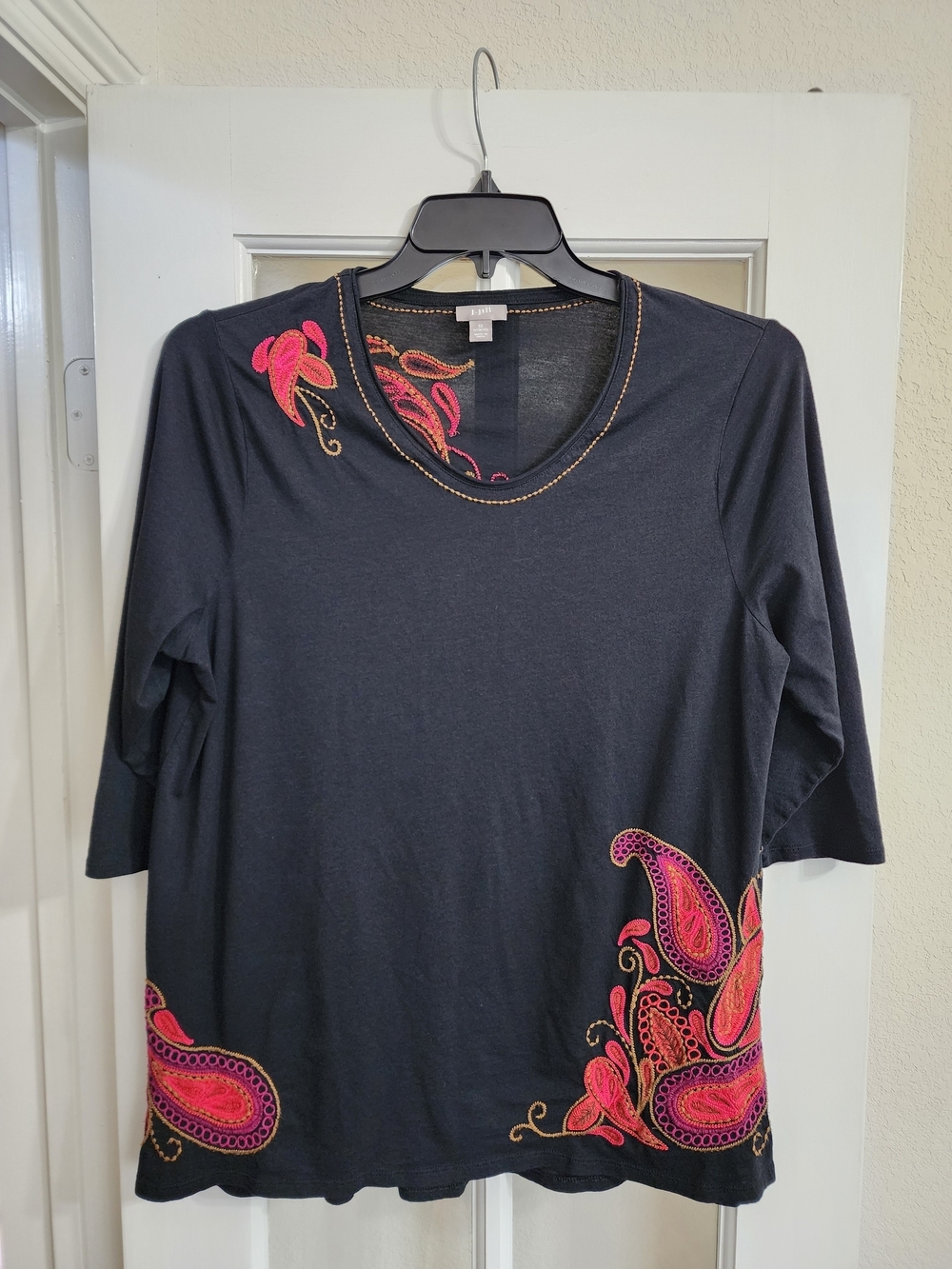 J Jill 1X Black Embroidered Paisley Pima Cotton Modal Boho Top